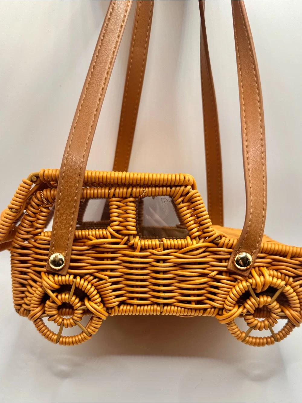 Tommy Bahama Woven Mini Car-Shaped Bag in Honey Brown with Tan Straps - Picture 7 of 12